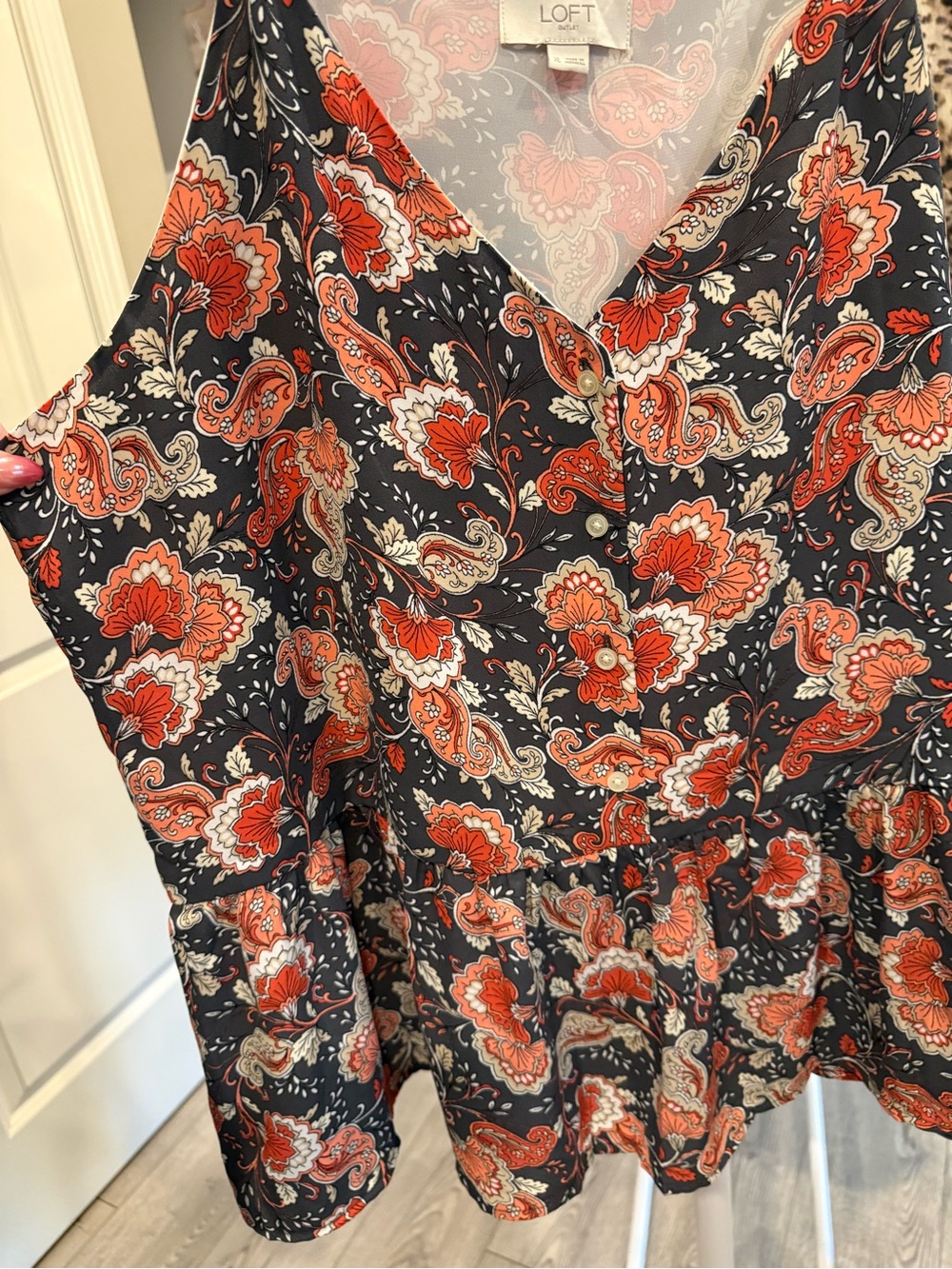 LOFT Navy Floral Paisley Sleeveless V-Neck Camisole with Orange Accents